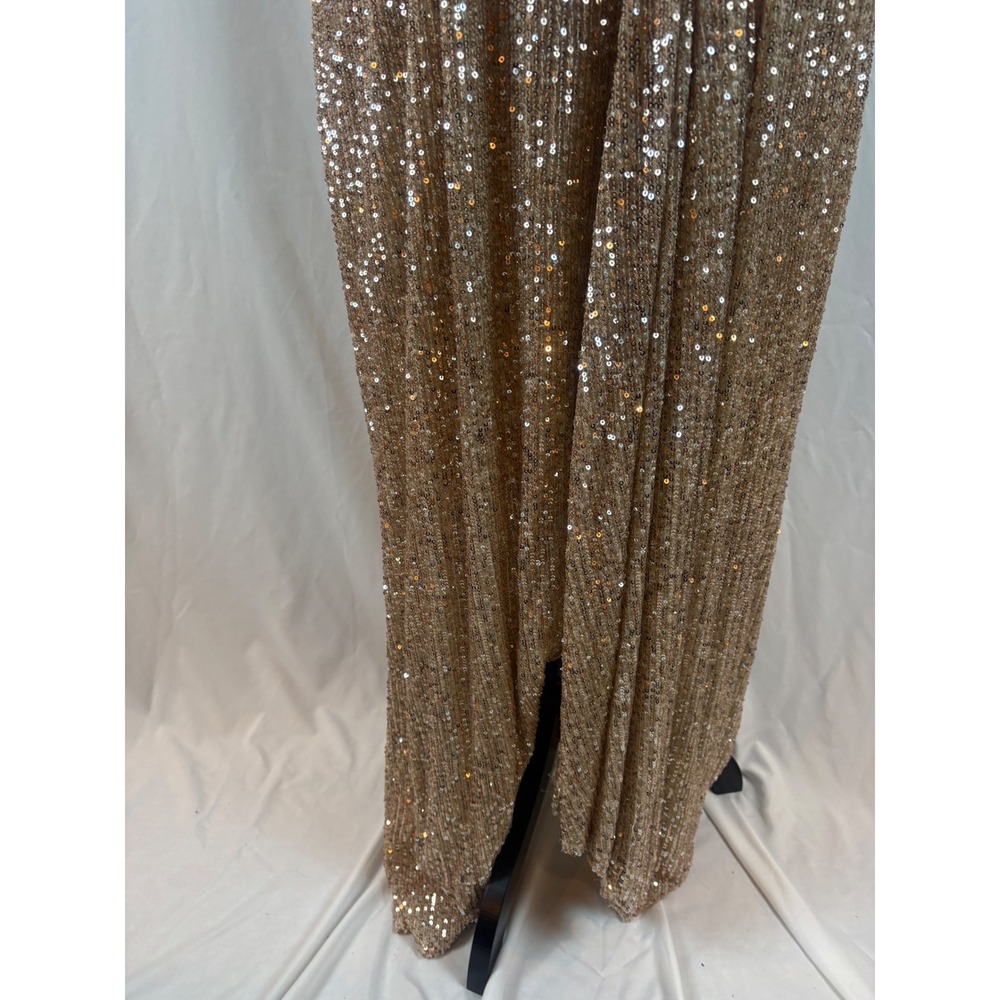 Champagne Gold Sequin Wrap V-Neck Sleeveless Maxi Evening Gown Knot Detail Dress - Picture 15 of 15